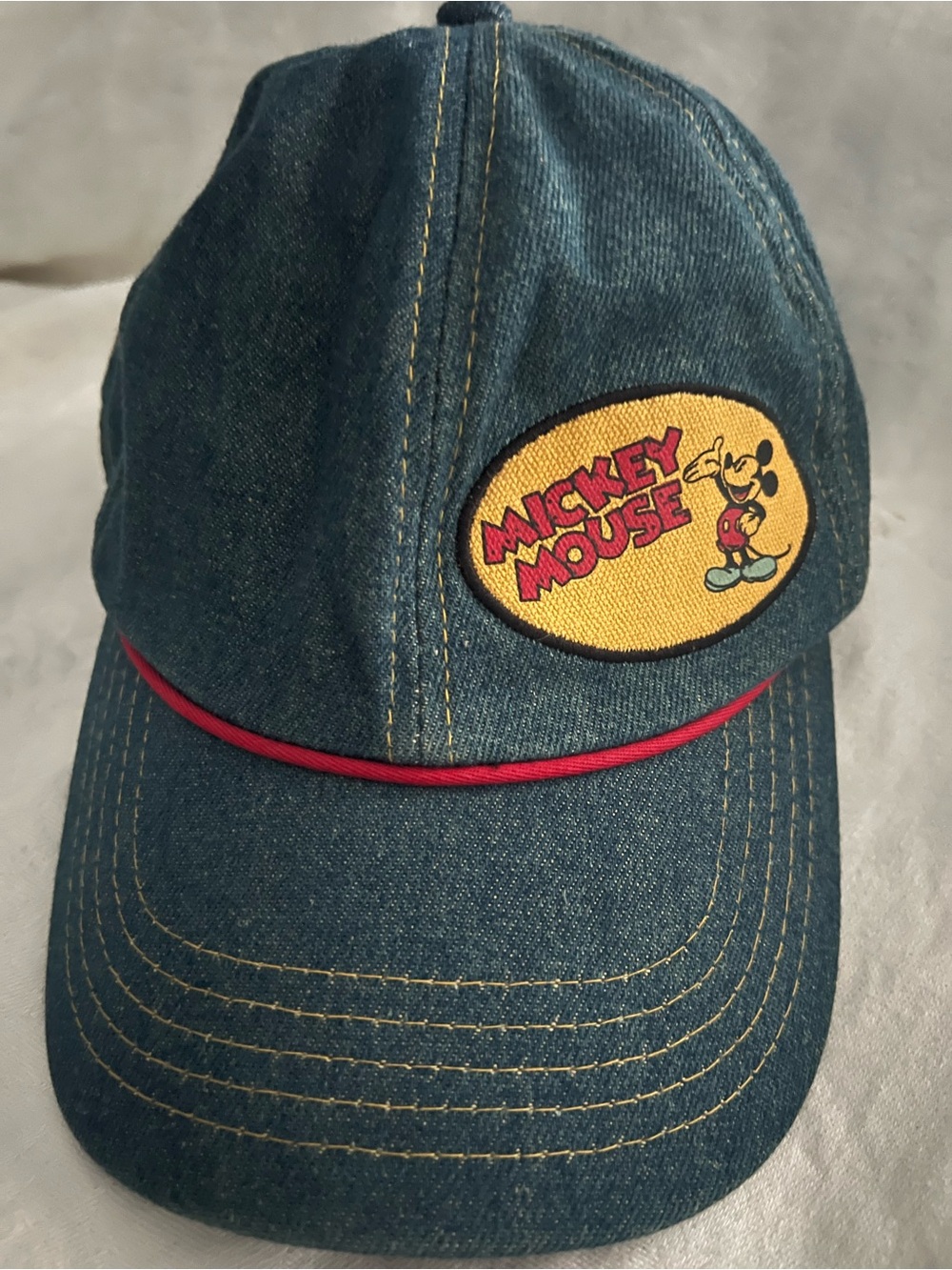 Disney Kids Denim Cap with Yellow Mickey Patch and Red Trim